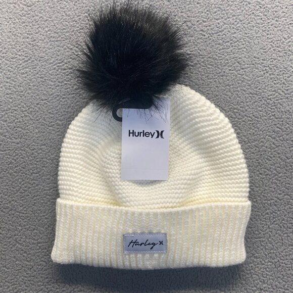 Hurley Women’s Cream Knit Beanie with PomPom One Size Thermal,Outdoor  New - Picture 8 of 8